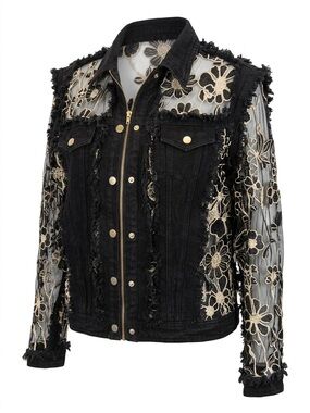 Adore Black Denim Jacket with Cream Floral Lace Sleeves